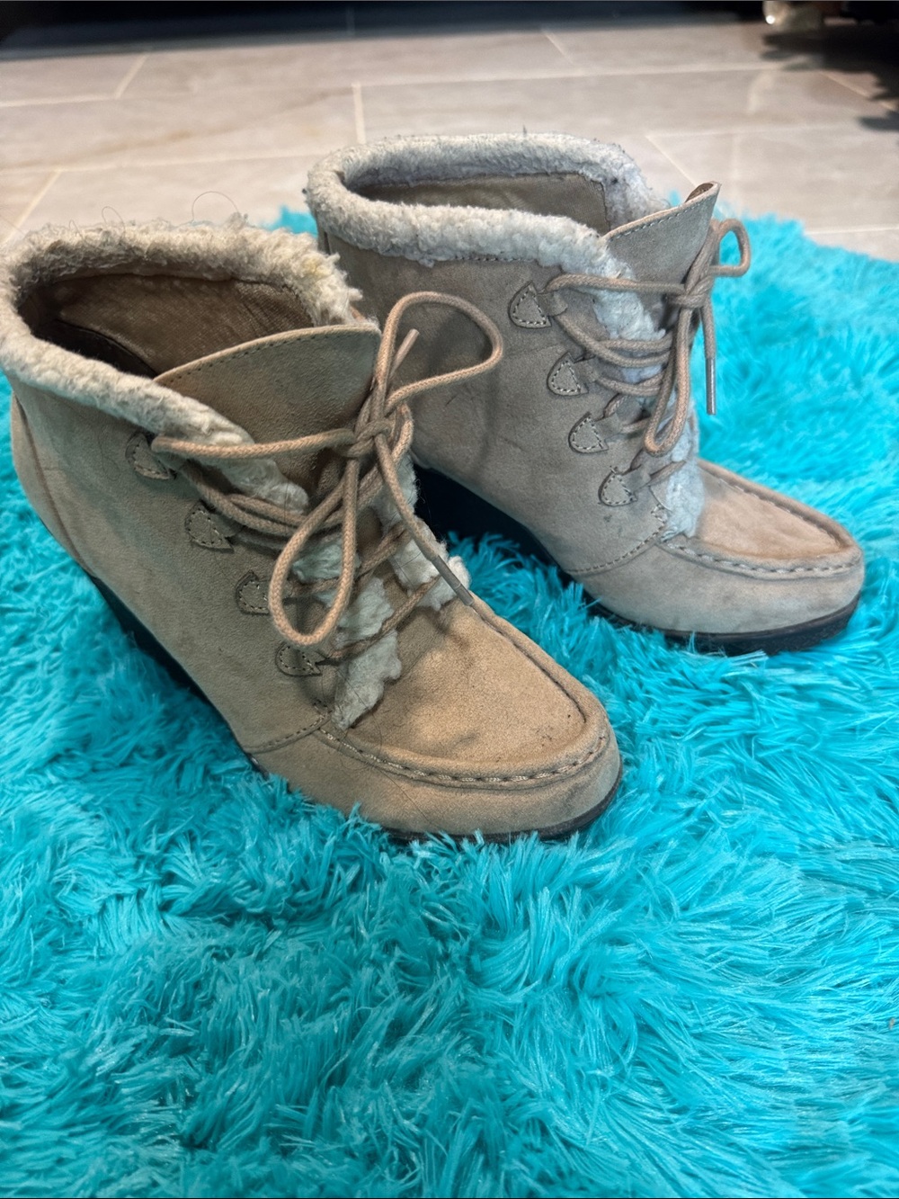 Sugar Taupe Suede Lace-Up Wedge Boots with Faux Shearling